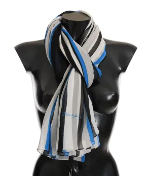 Blue White Striped Silk Scarf