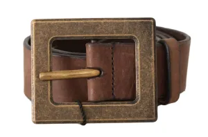 Brown Leather Brushed Gold Buckle Wide Belt