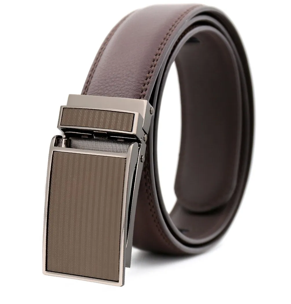 Brown Mens Adjustable Ratchet Slide Buckle Belt - Genuine Leather Automatic Belt with No Holes