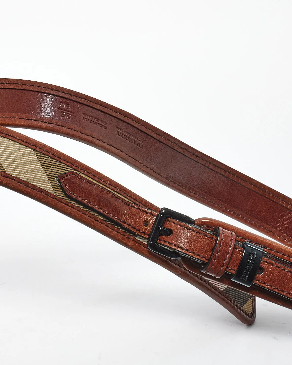 Burberry Brown Leather & Canvas Check Print Leather Belt - 36/90