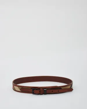 Burberry Brown Leather & Canvas Check Print Leather Belt - 36/90