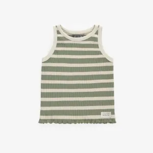 Camisole verte et crème ligné en tricot côtelé irrégulier, enfant || Green and cream striped pattern tank top in irregular rib cotton, child