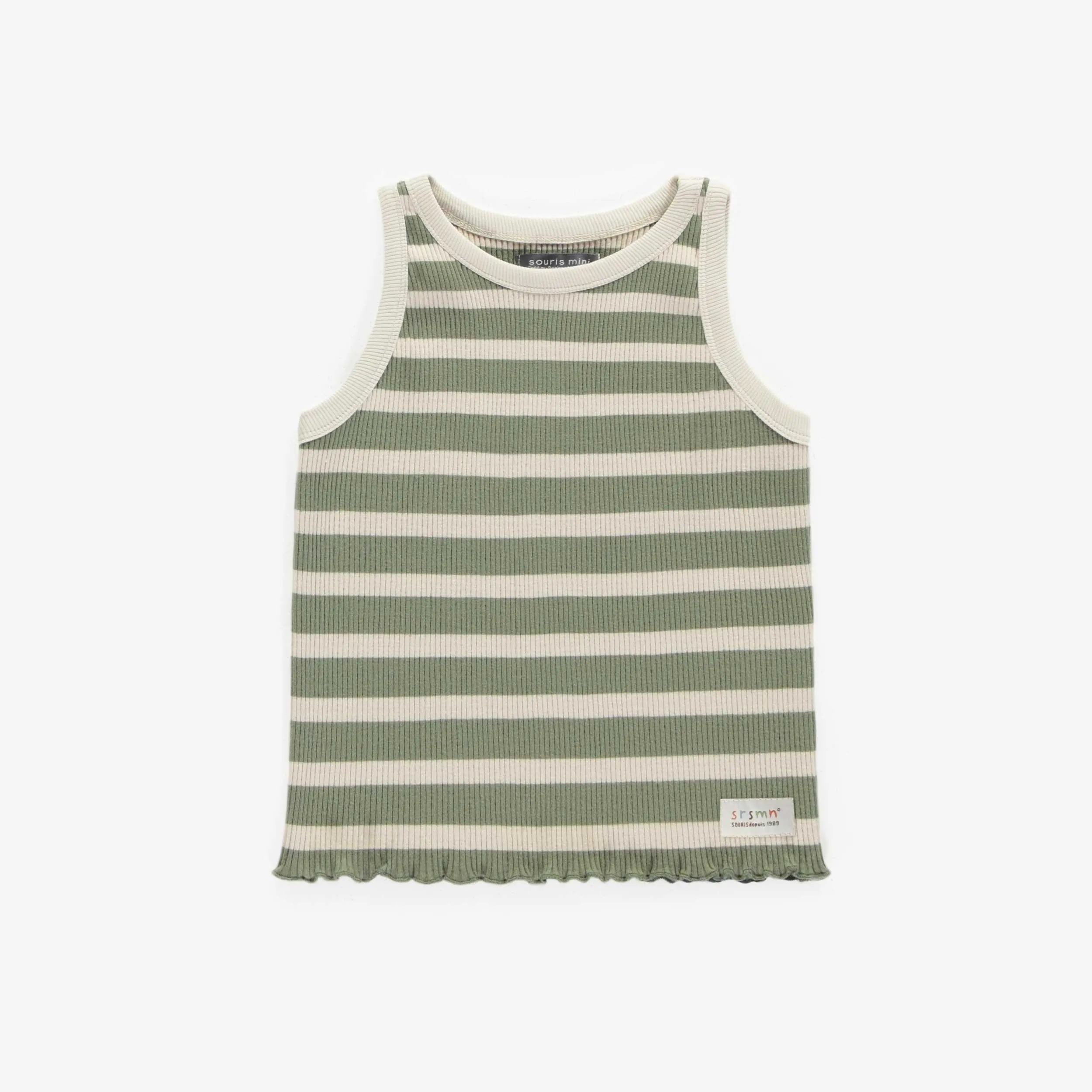Camisole verte et crème ligné en tricot côtelé irrégulier, enfant || Green and cream striped pattern tank top in irregular rib cotton, child
