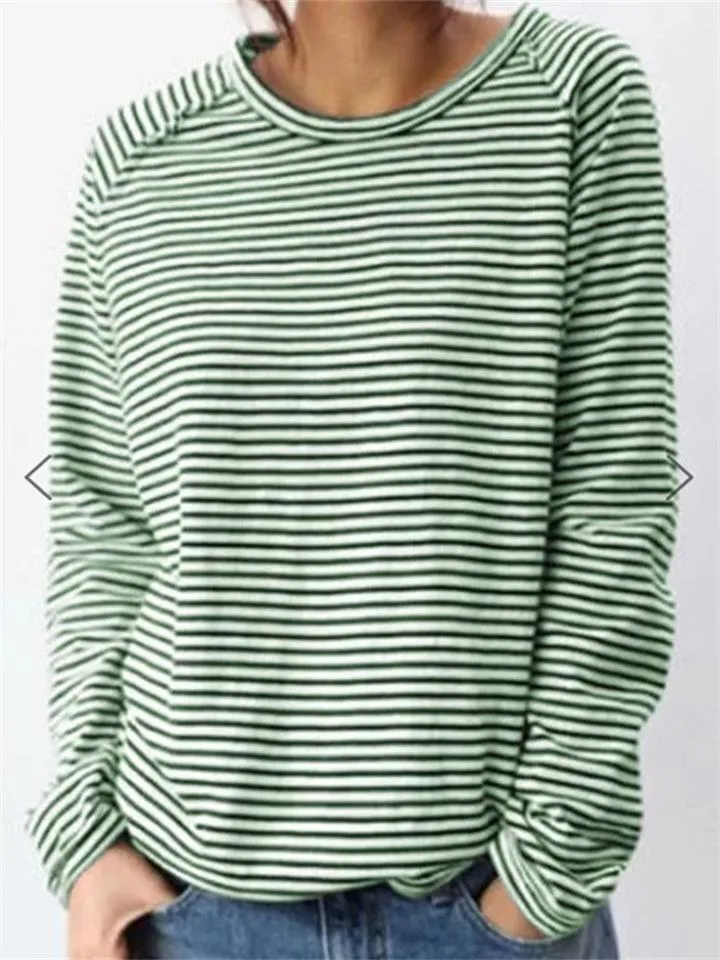 Casual Style Round Neck Striped Long Sleeve Pullover Tops