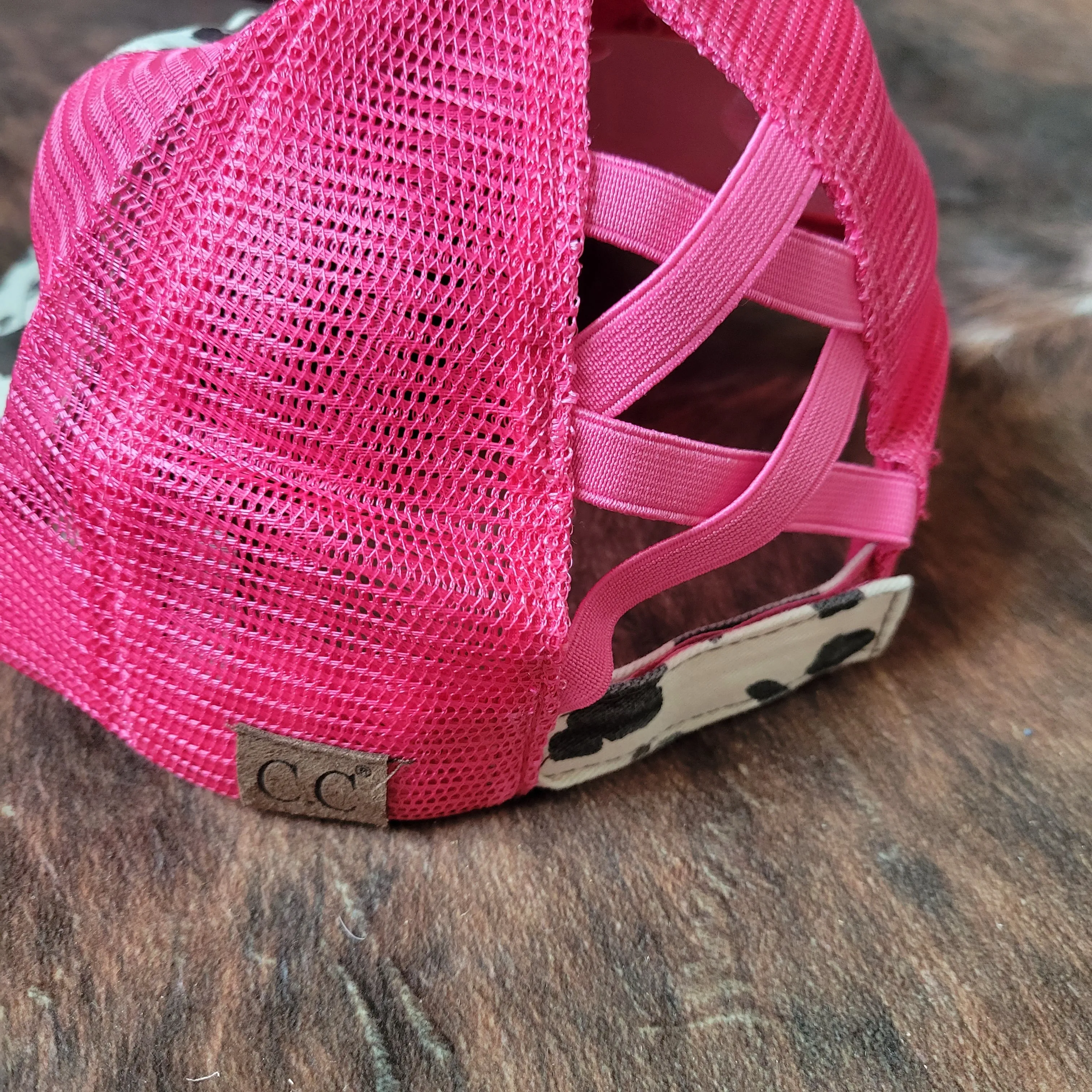 C.C. Cow Print Criss Cross Ponytail Hat - Hot Pink