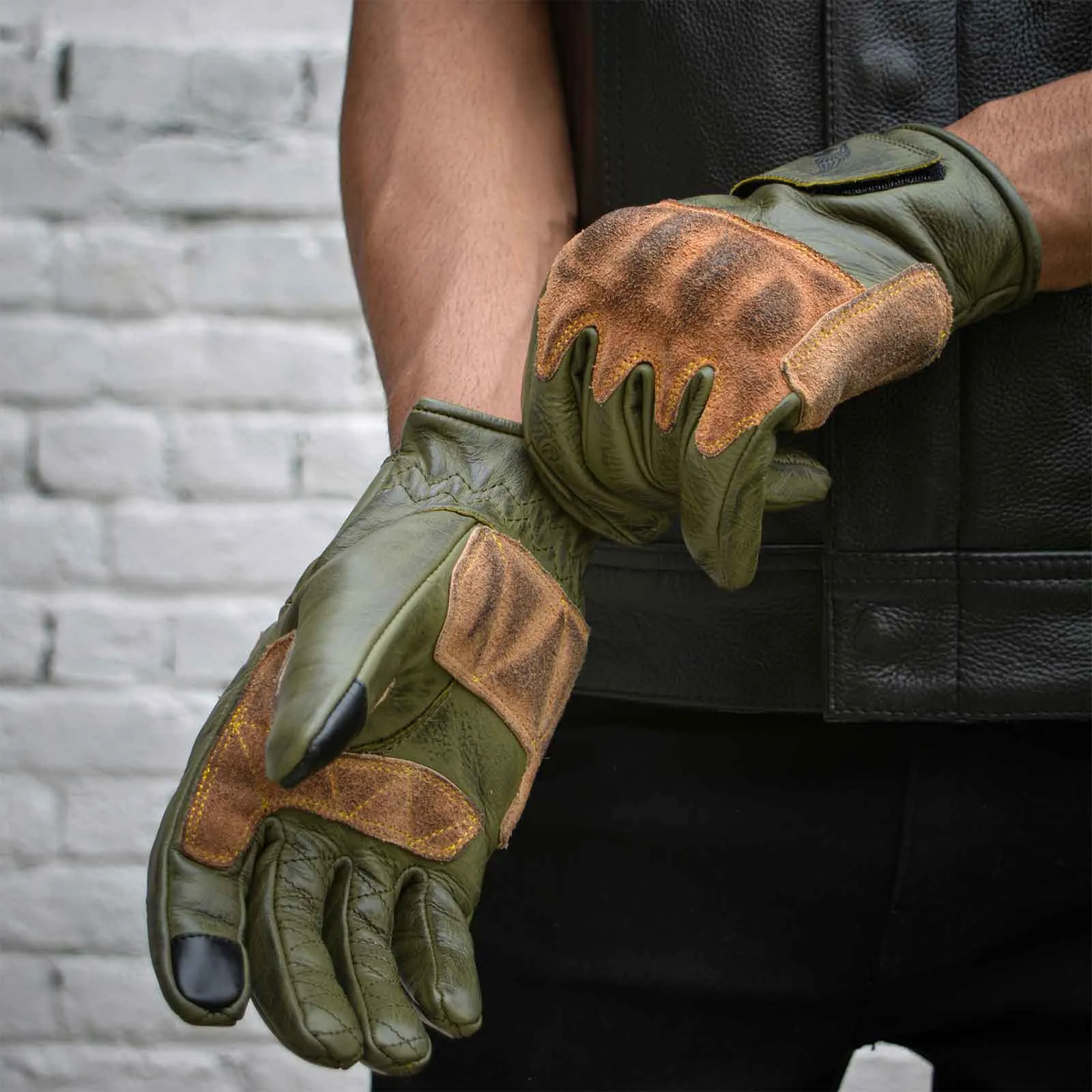 CE Certified Green Leather Motorcycle Gloves