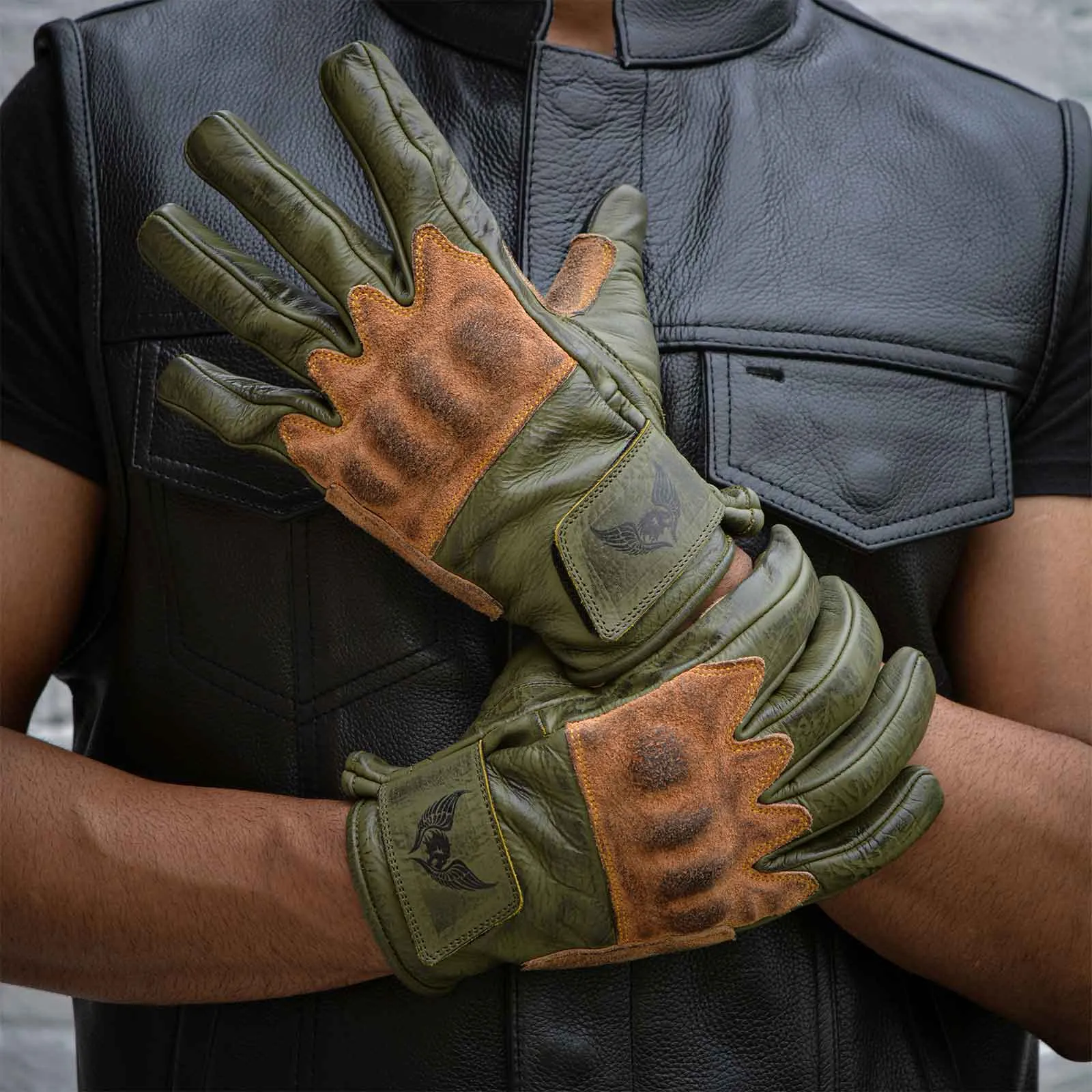 CE Certified Green Leather Motorcycle Gloves