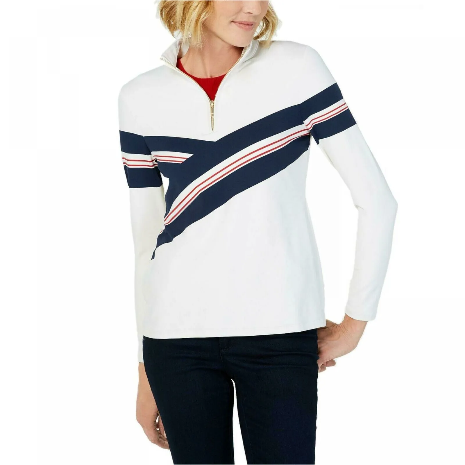 Charter Club Women's Striped Half-Zip Pullover Top