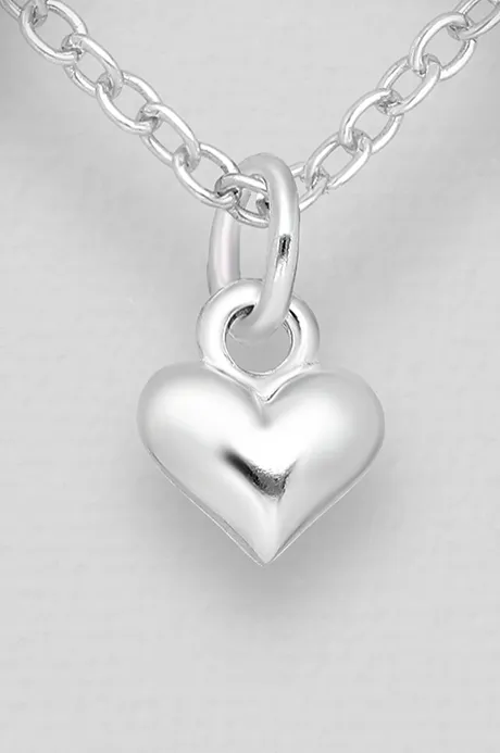 Children's Necklaces:  Sterling Silver Puffed Heart on 15" Chains Age 3 - 10