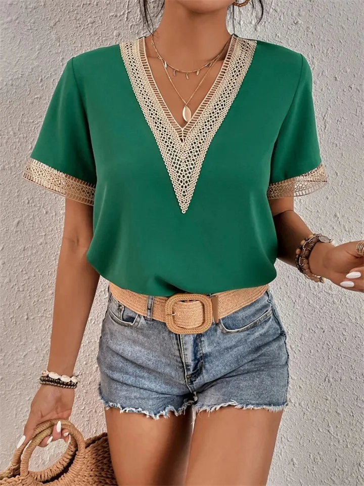 Classy V Neck Loose Short Sleeve T-shirt for Ladies