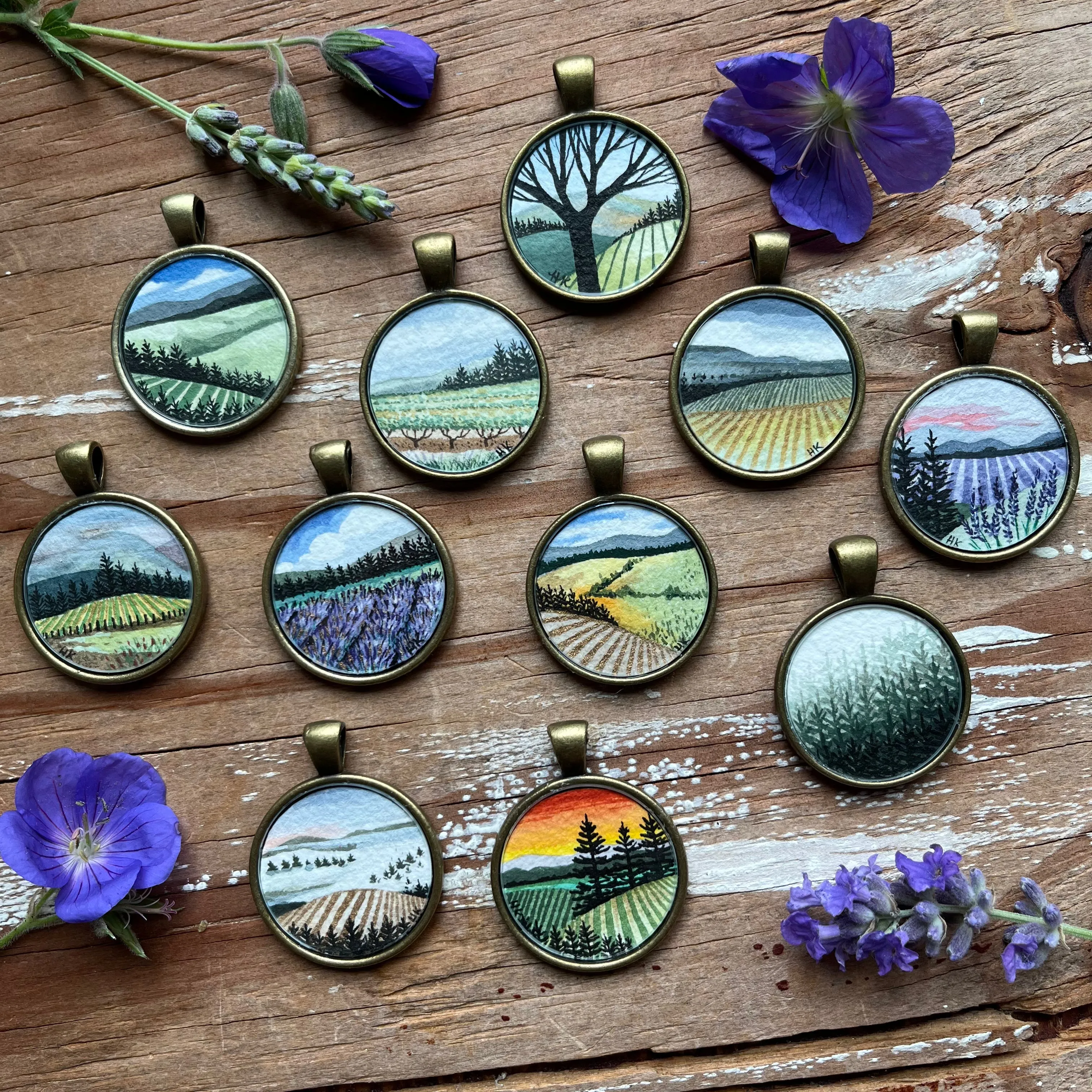 Cloudy Wine Country Landscape Art with Trees, Hand Painted Necklace, Original Watercolor Painting