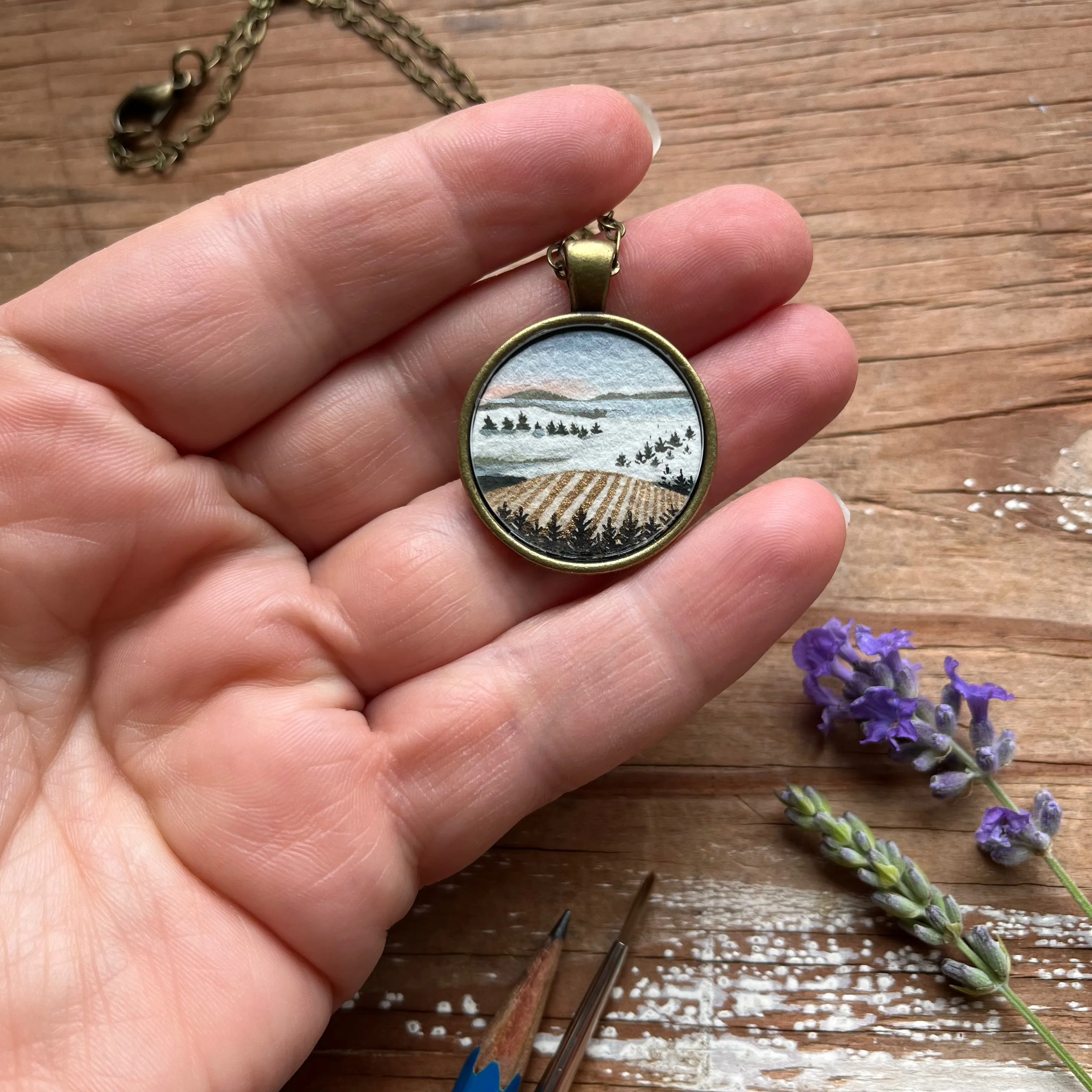 Cloudy Wine Country Landscape Art with Trees, Hand Painted Necklace, Original Watercolor Painting