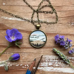 Cloudy Wine Country Landscape Art with Trees, Hand Painted Necklace, Original Watercolor Painting