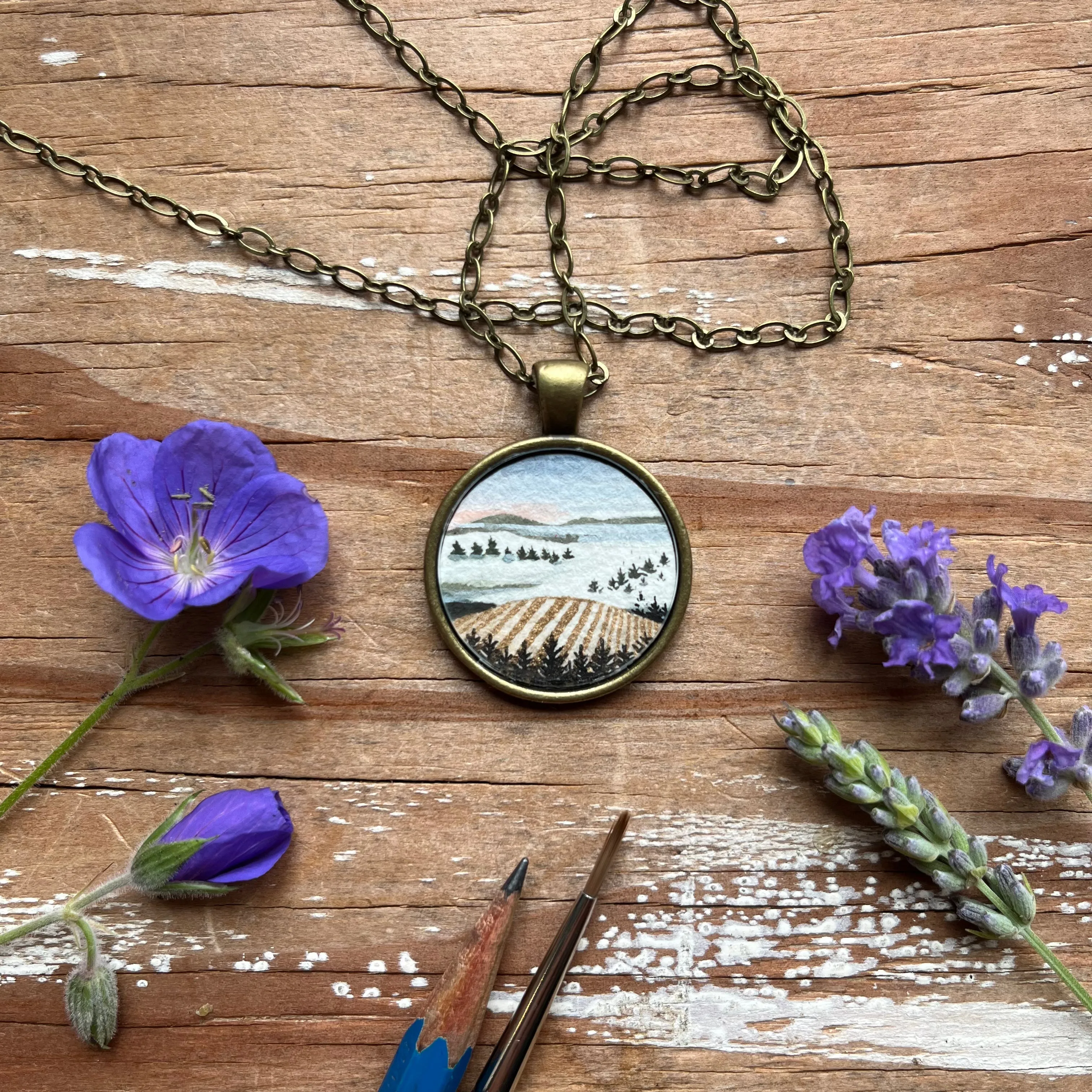 Cloudy Wine Country Landscape Art with Trees, Hand Painted Necklace, Original Watercolor Painting