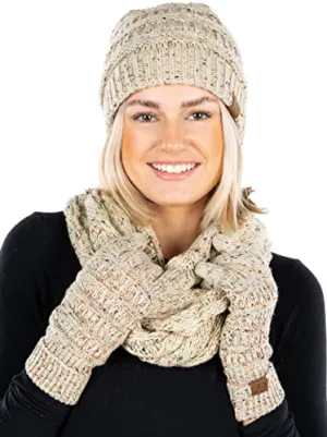 Confetti Matching Infinity Scarf, Cable Knit Beanie & Gloves Set by Funky Junque