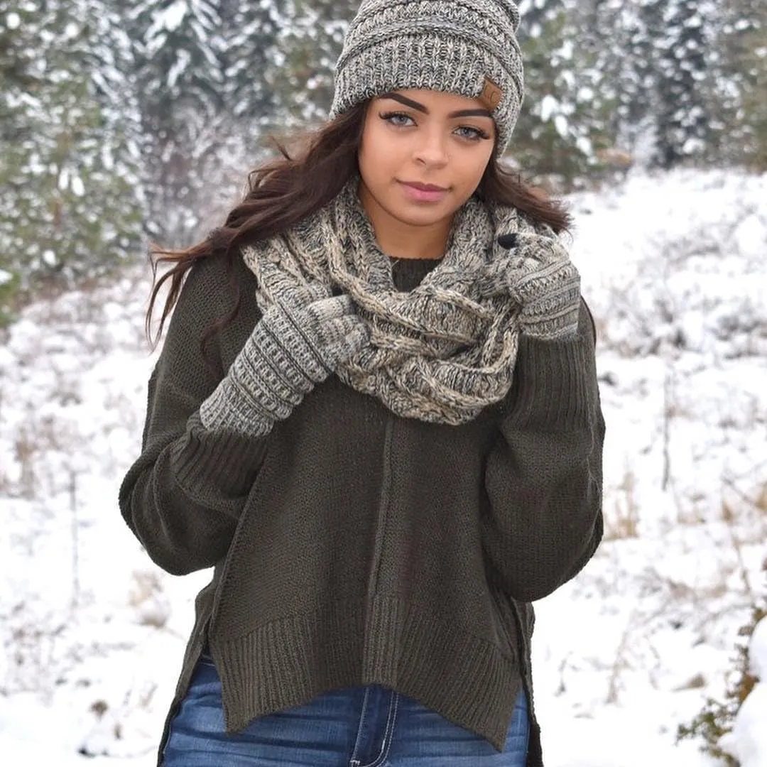 Confetti Matching Infinity Scarf, Cable Knit Beanie & Gloves Set by Funky Junque