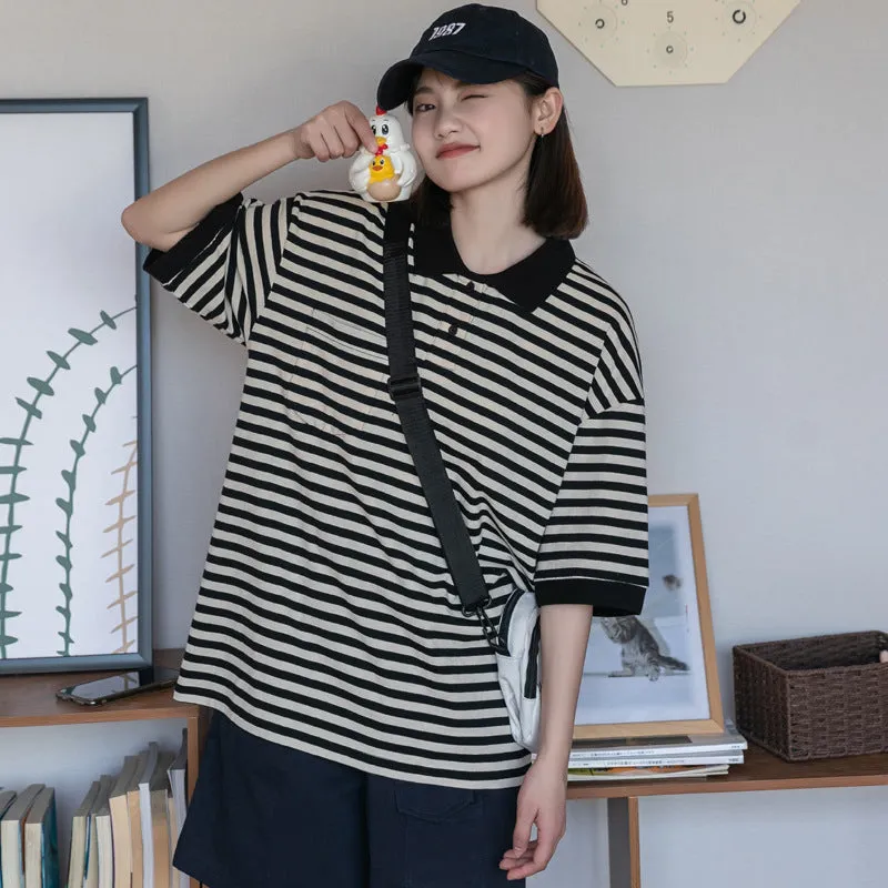 Contrast Color Striped Student T-shirt Japanese Polo Shirt UB6318