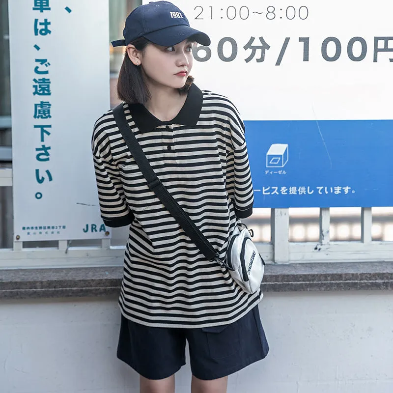 Contrast Color Striped Student T-shirt Japanese Polo Shirt UB6318