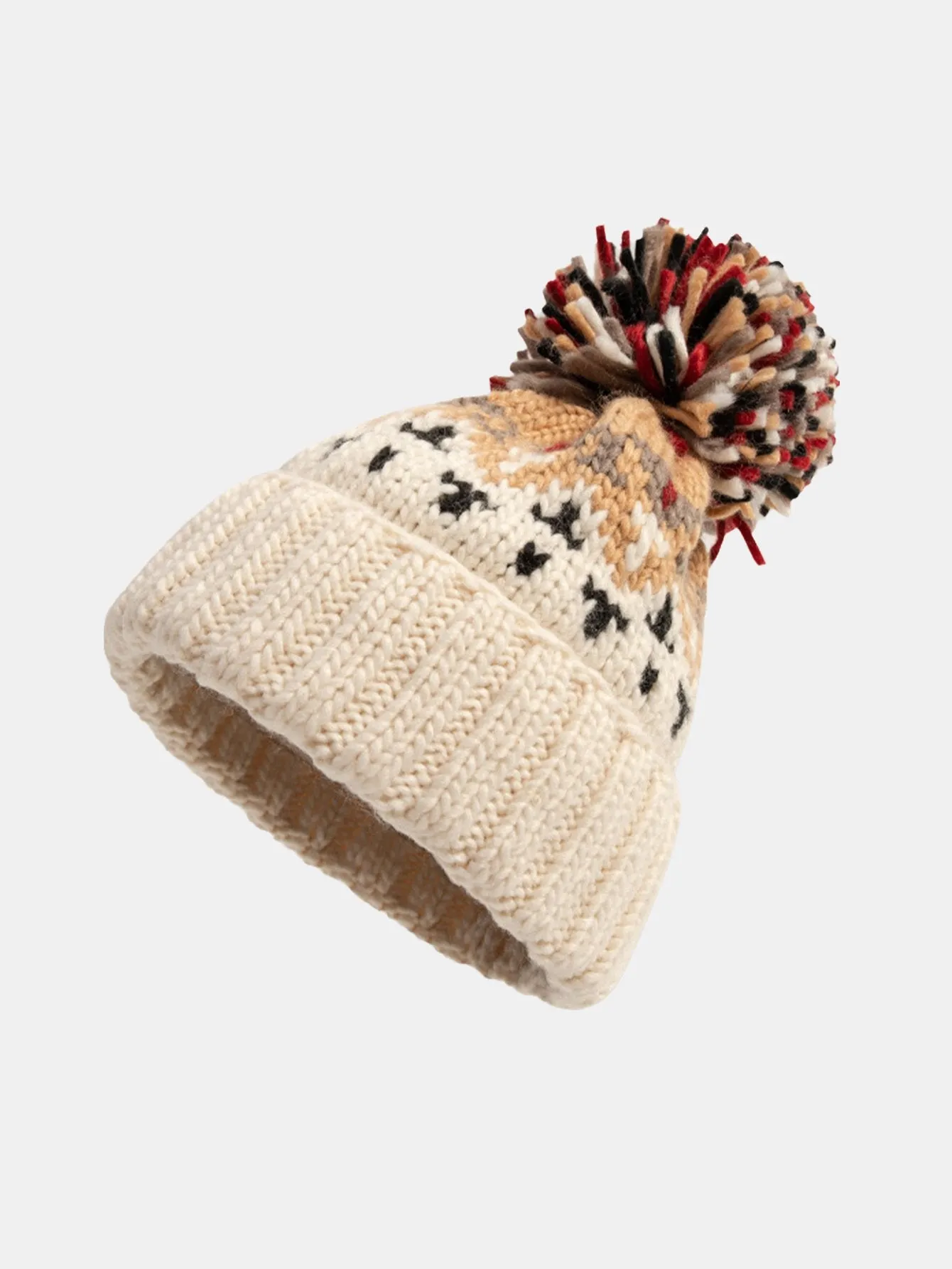 Corak geometri topi beanie bersatu dengan pom pom