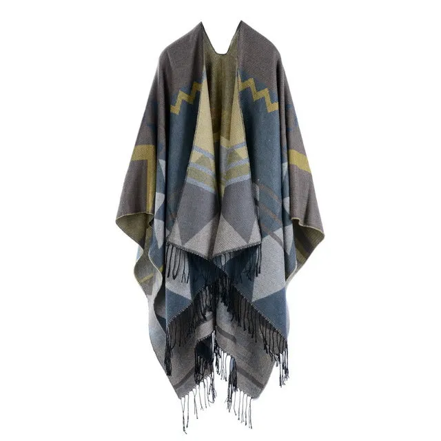COUTUDI 2017 Winter Tassel Scarves Ponchos and Capes Women Warm Soft Imitate Cashmere Striped Shawls and Wraps Boho Knit Scarf