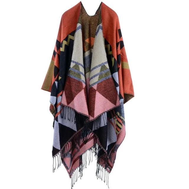 COUTUDI 2017 Winter Tassel Scarves Ponchos and Capes Women Warm Soft Imitate Cashmere Striped Shawls and Wraps Boho Knit Scarf