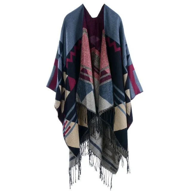 COUTUDI 2017 Winter Tassel Scarves Ponchos and Capes Women Warm Soft Imitate Cashmere Striped Shawls and Wraps Boho Knit Scarf