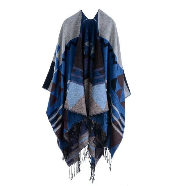COUTUDI 2017 Winter Tassel Scarves Ponchos and Capes Women Warm Soft Imitate Cashmere Striped Shawls and Wraps Boho Knit Scarf