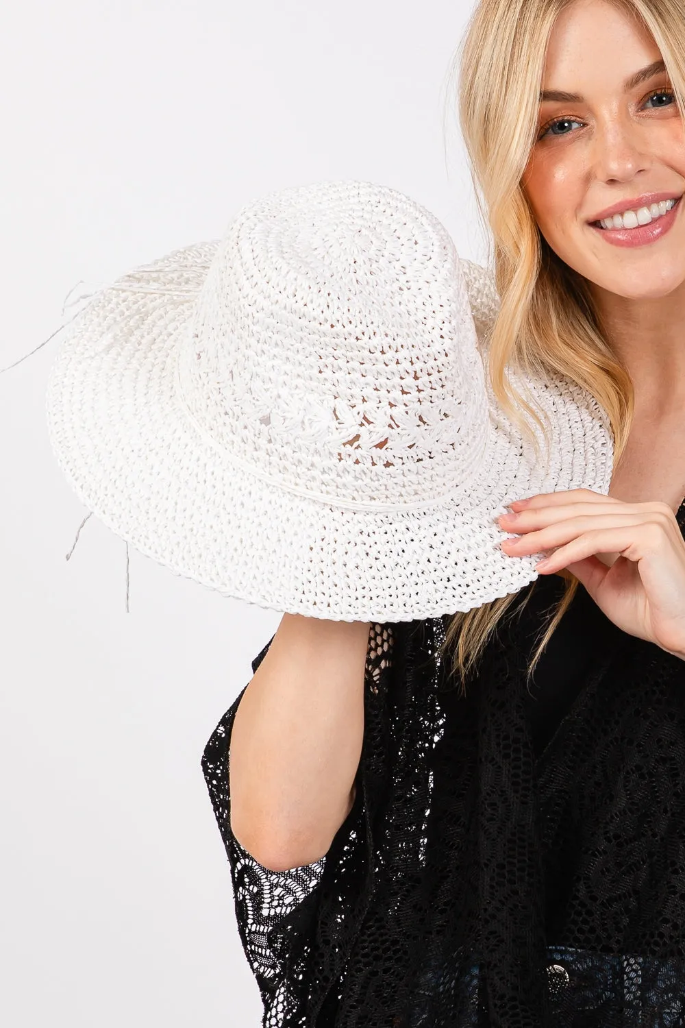 Crochet Straw Sun Hat White - Pack of 6