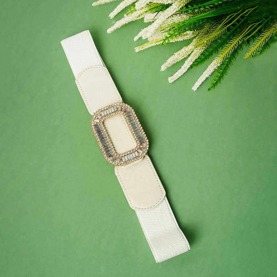 Crystal Buckled White Leather Belt
