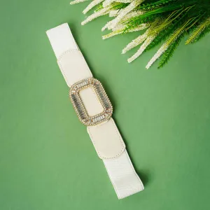 Crystal Buckled White Leather Belt