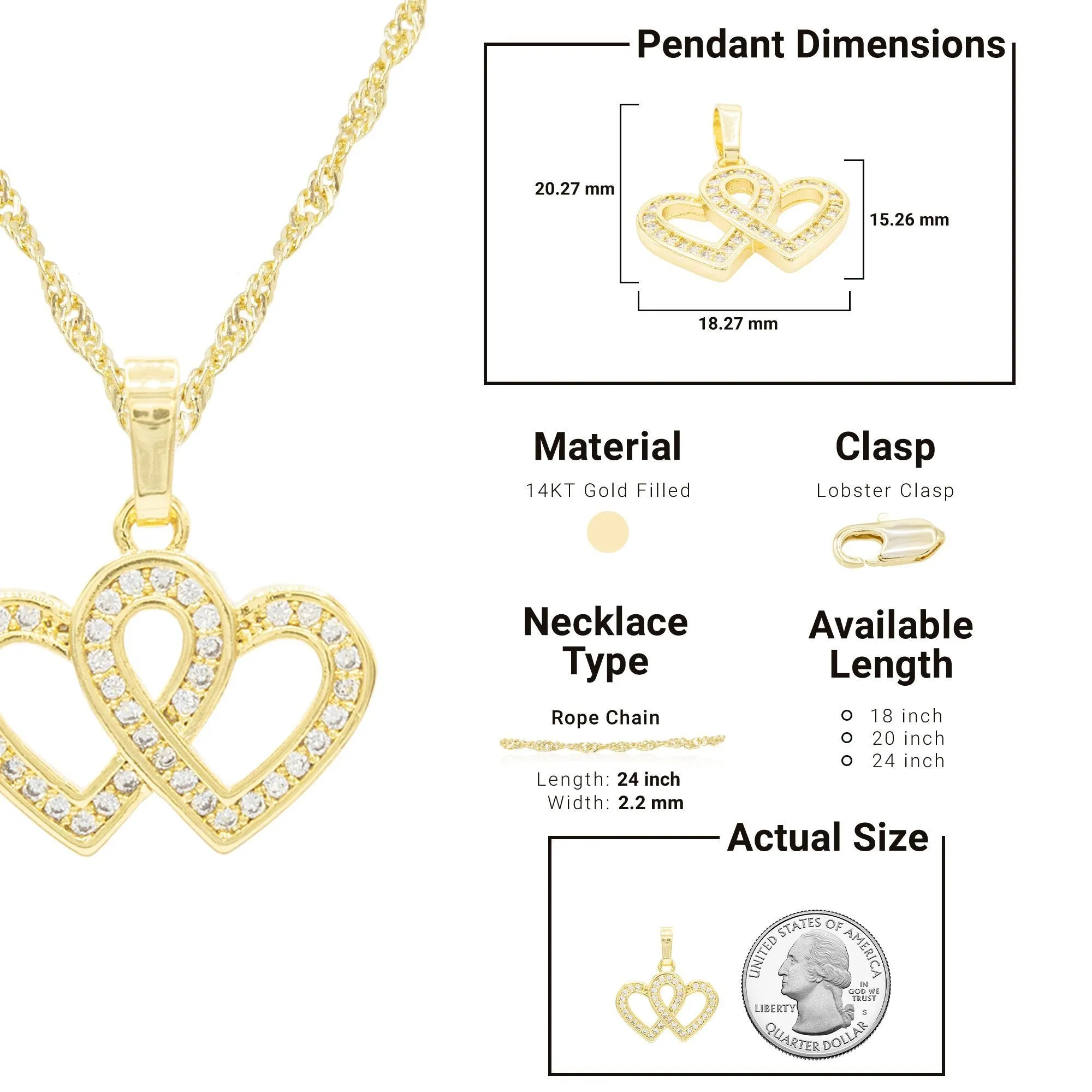 Cubic Zirconia 14K Gold Filled Connected Hearts Pendant Necklace Set
