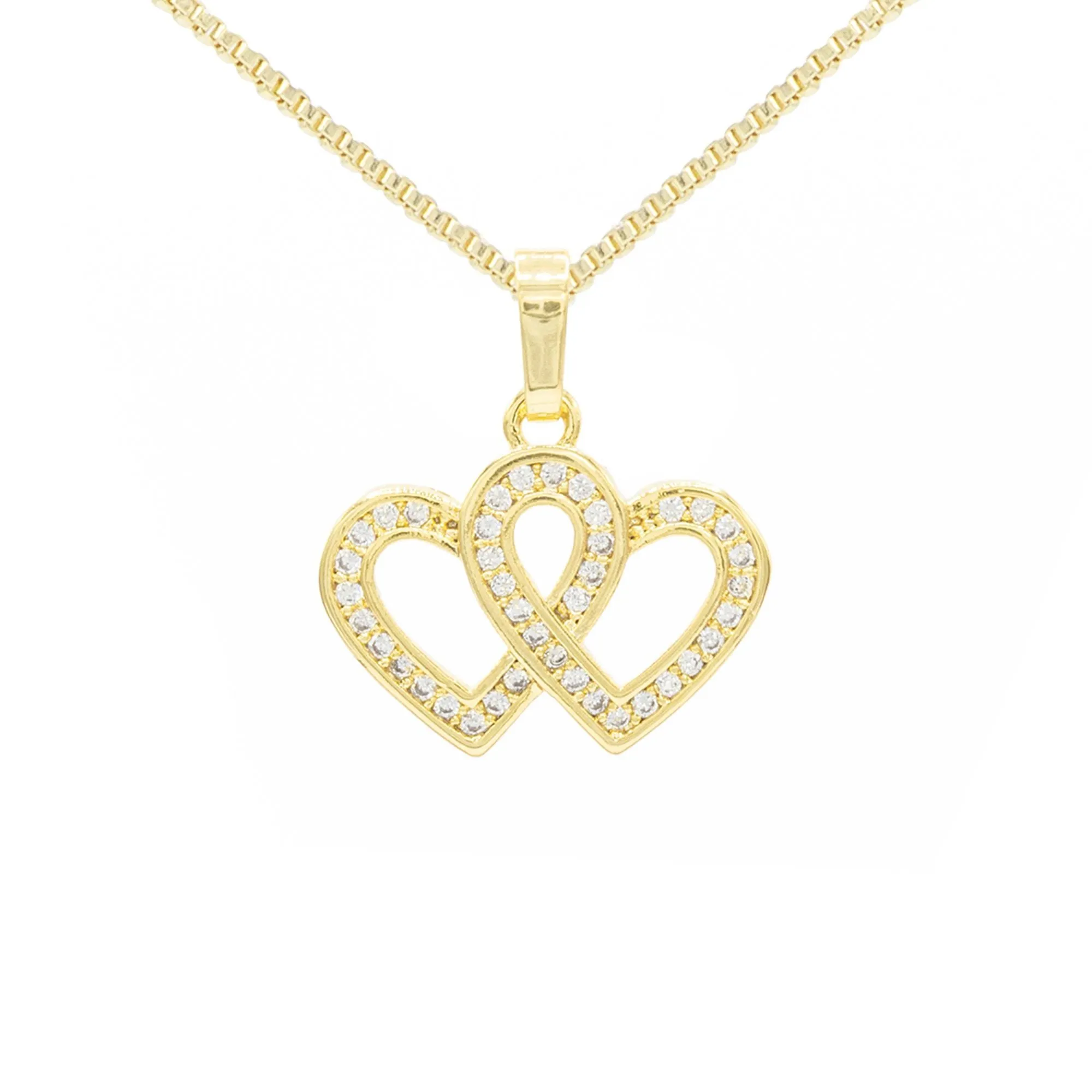 Cubic Zirconia 14K Gold Filled Connected Hearts Pendant Necklace Set