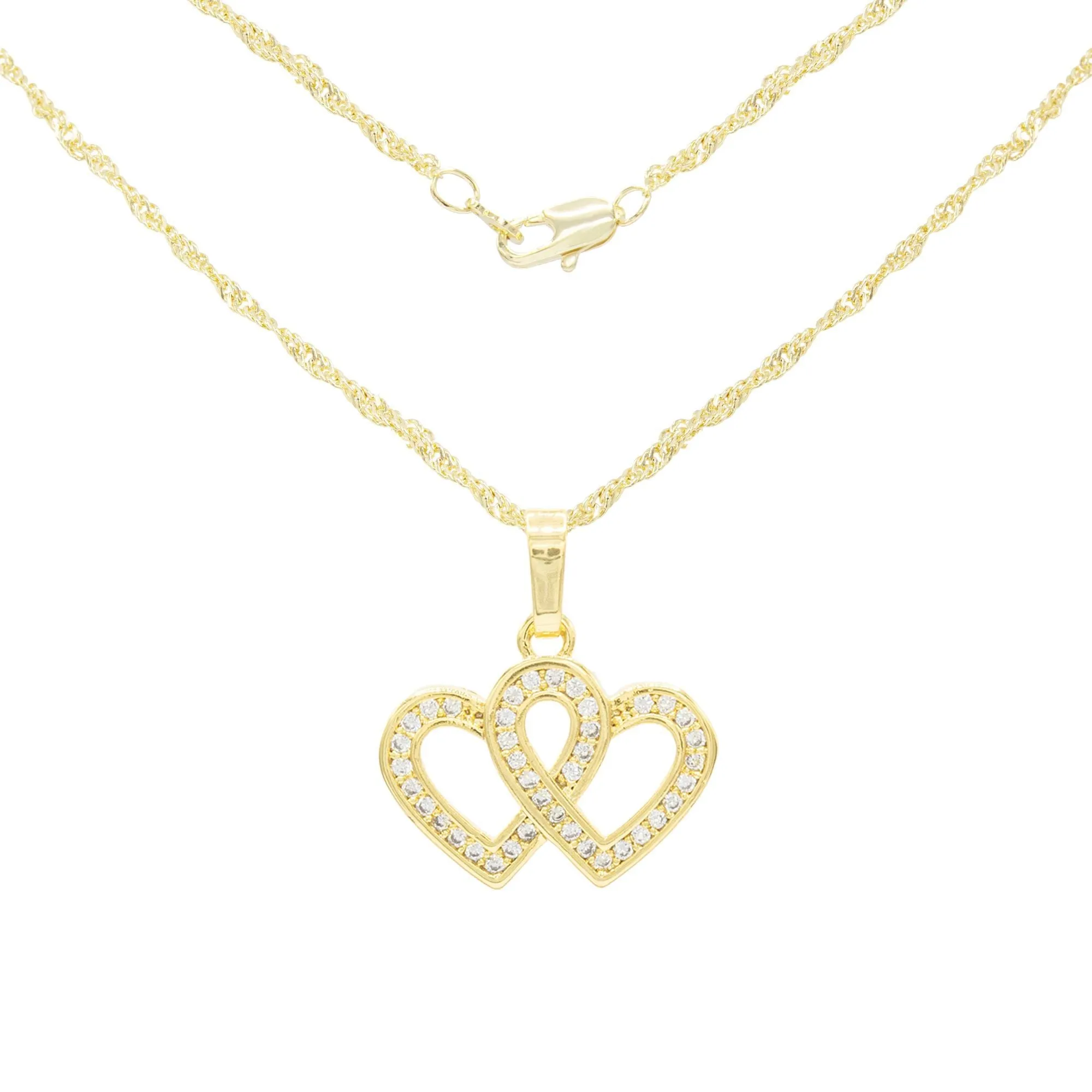 Cubic Zirconia 14K Gold Filled Connected Hearts Pendant Necklace Set