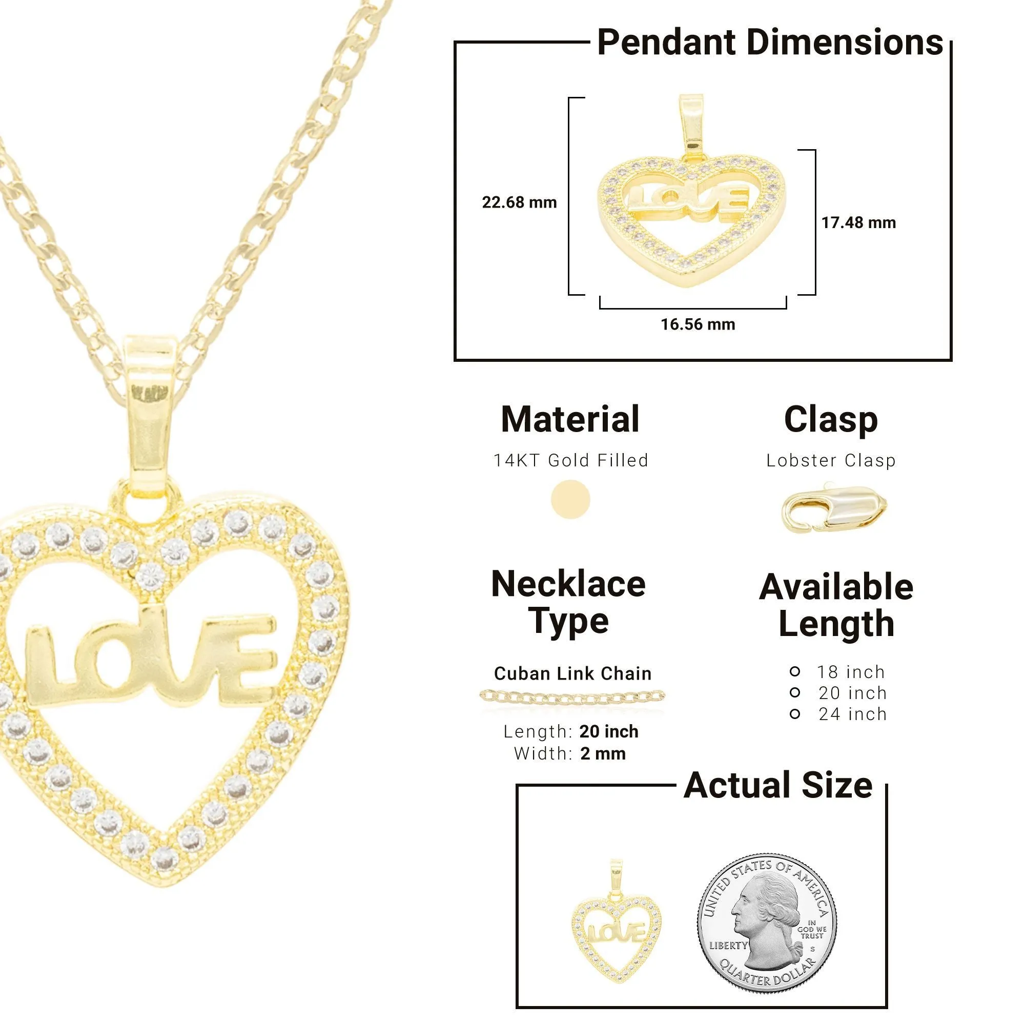 Cubic Zirconia 14K Gold Filled Heart Love Pendant Necklace Set