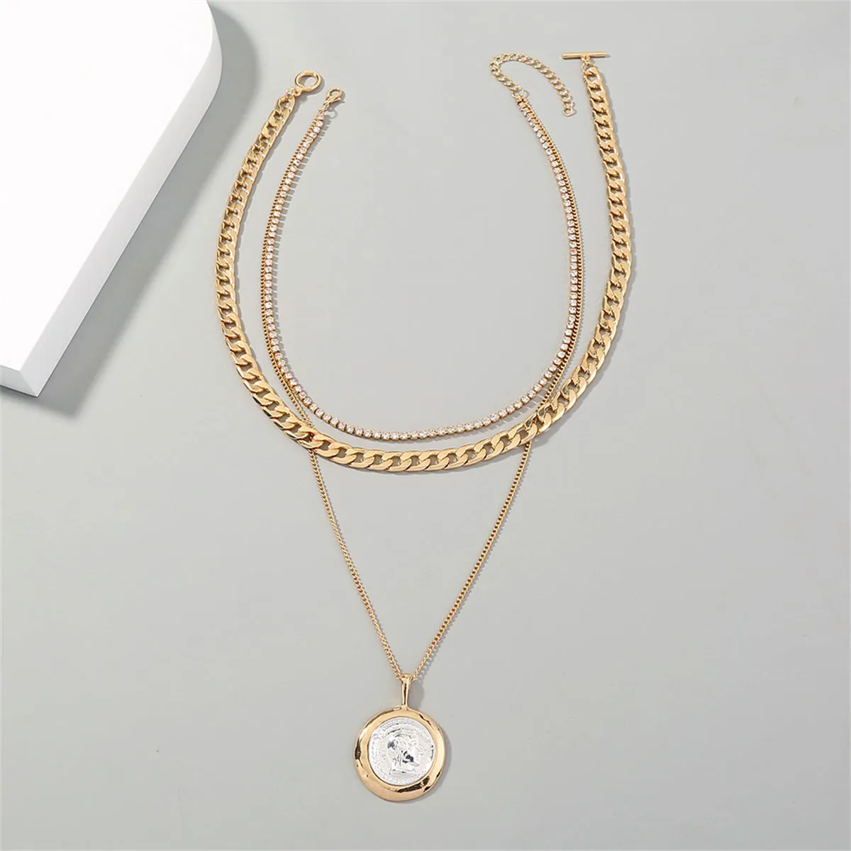 Cubic Zirconia & Two Tone Coin Pendant Necklace Set