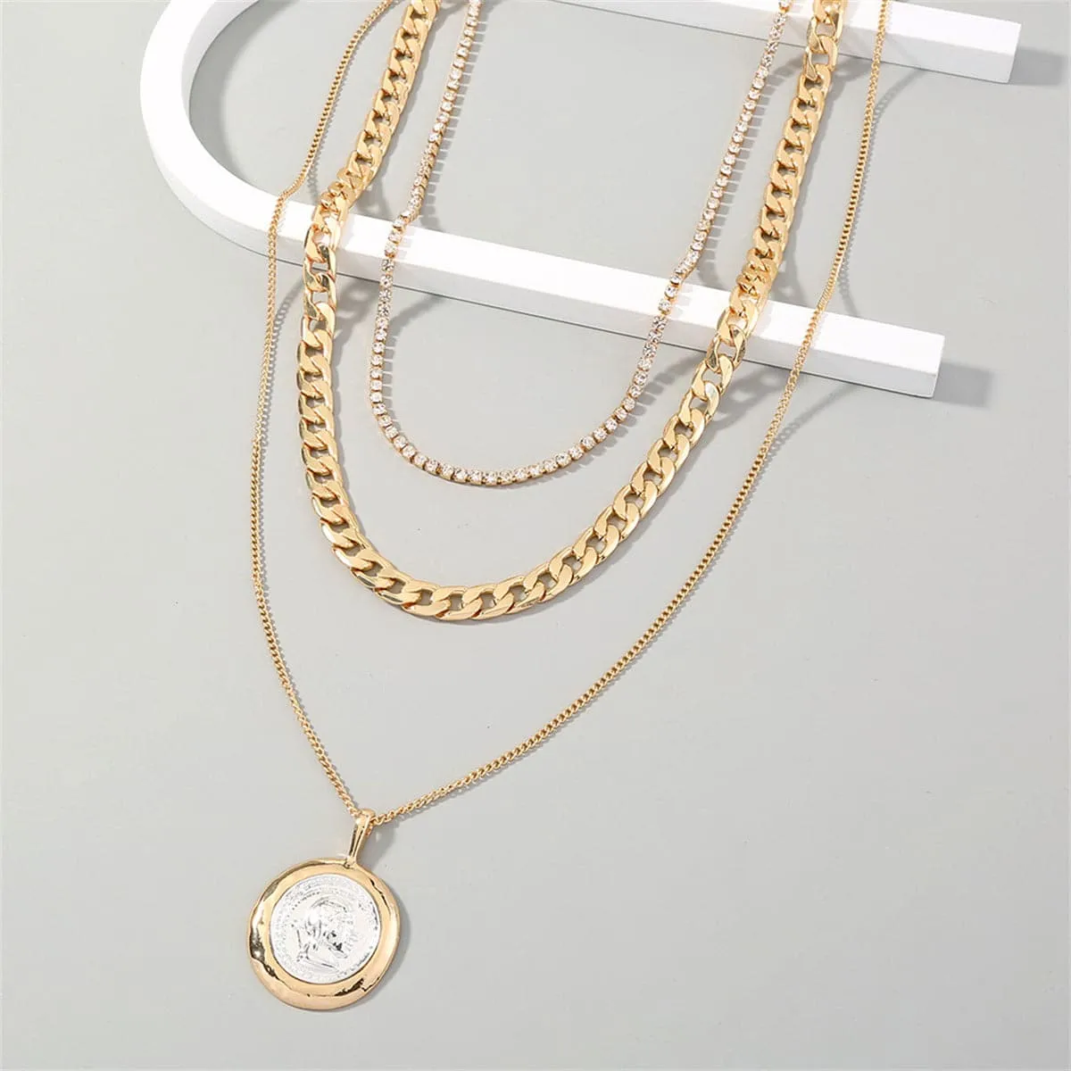Cubic Zirconia & Two Tone Coin Pendant Necklace Set