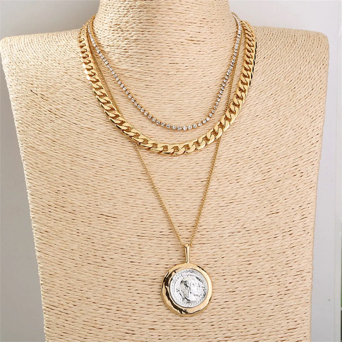 Cubic Zirconia & Two Tone Coin Pendant Necklace Set