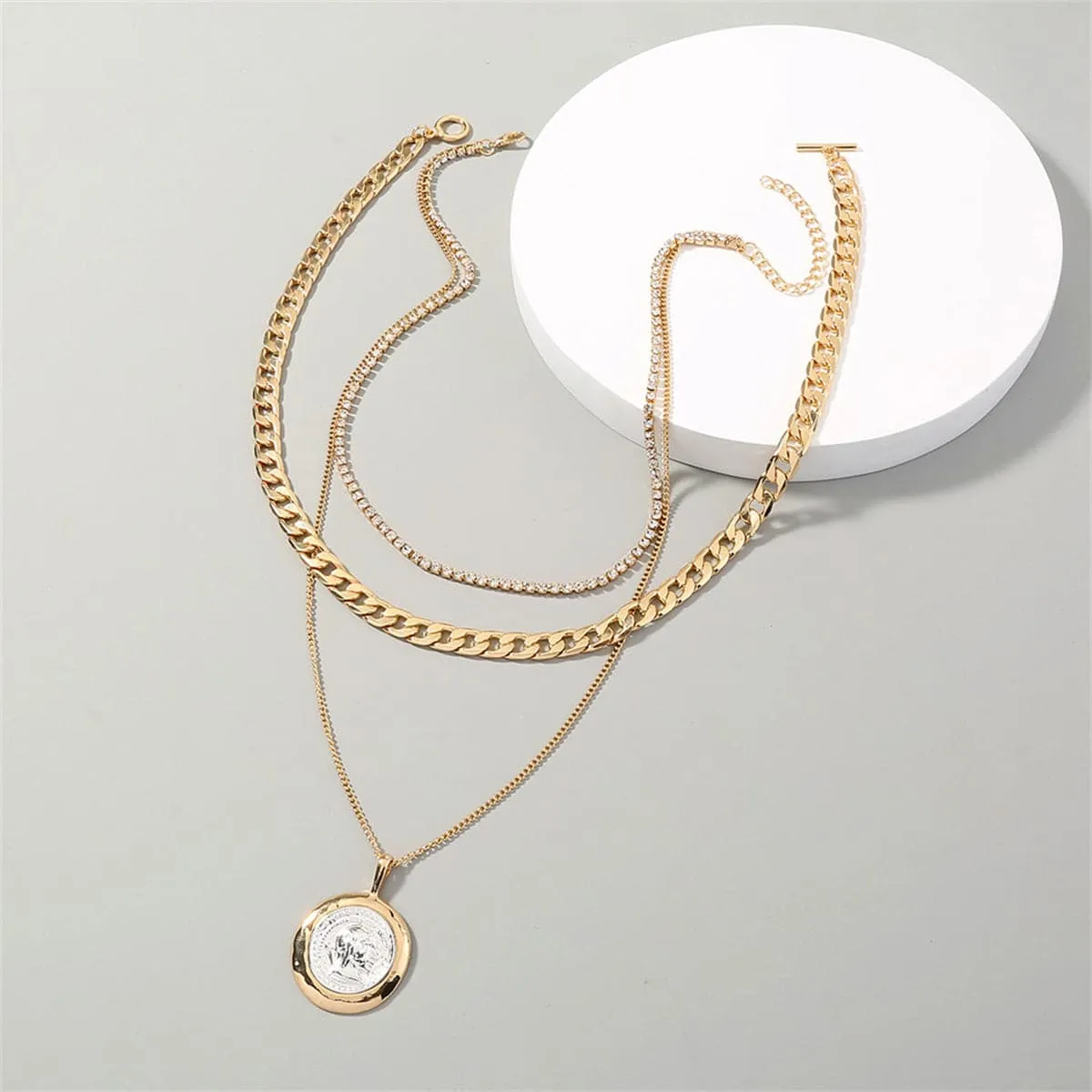 Cubic Zirconia & Two Tone Coin Pendant Necklace Set