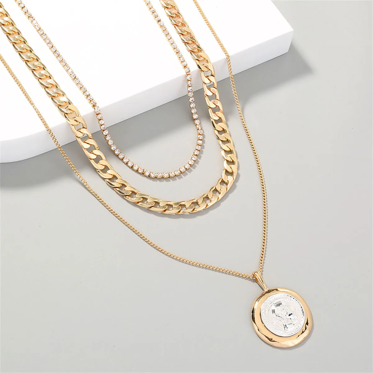 Cubic Zirconia & Two Tone Coin Pendant Necklace Set