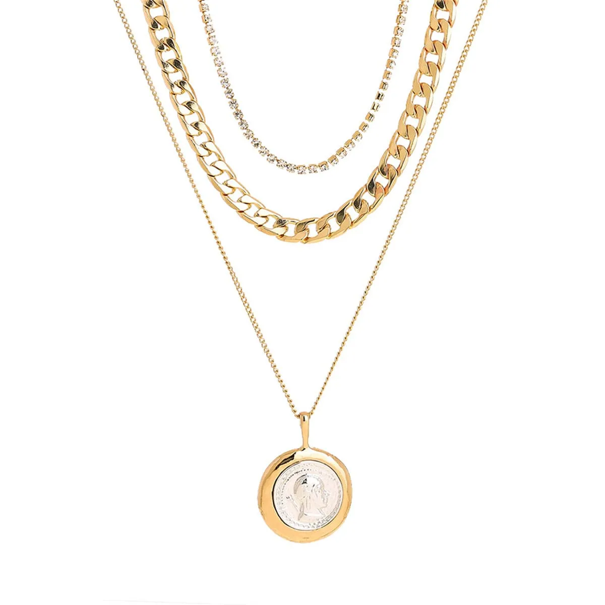Cubic Zirconia & Two Tone Coin Pendant Necklace Set