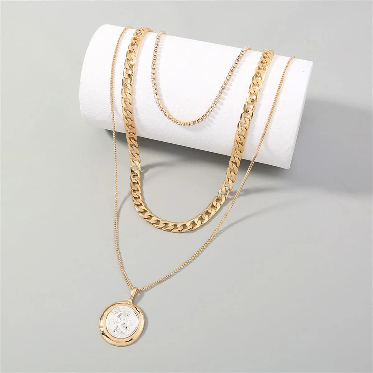 Cubic Zirconia & Two Tone Coin Pendant Necklace Set