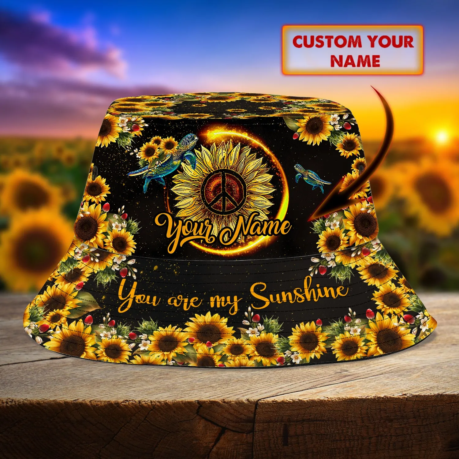 Custom Bucket Hat - Turtle Hippie - Sunflower