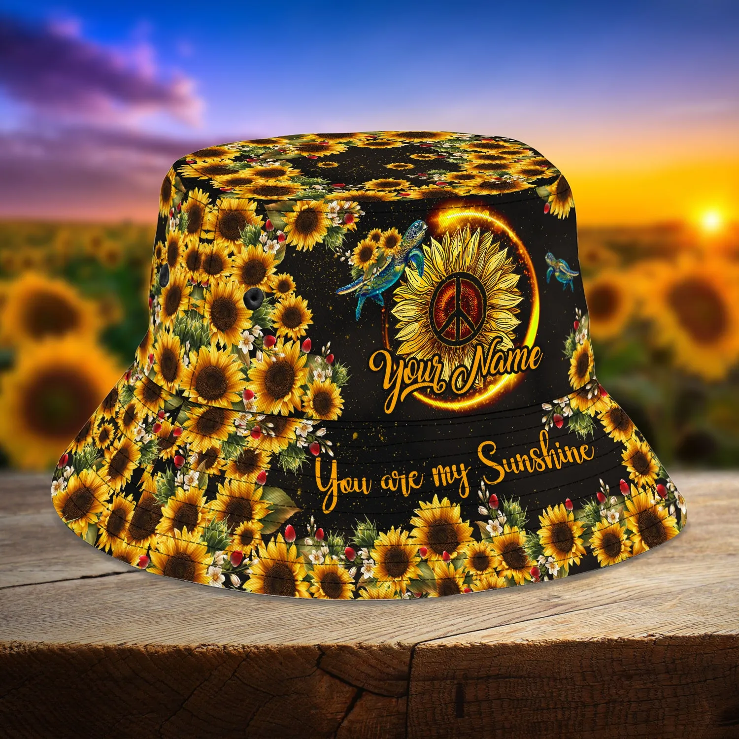 Custom Bucket Hat - Turtle Hippie - Sunflower