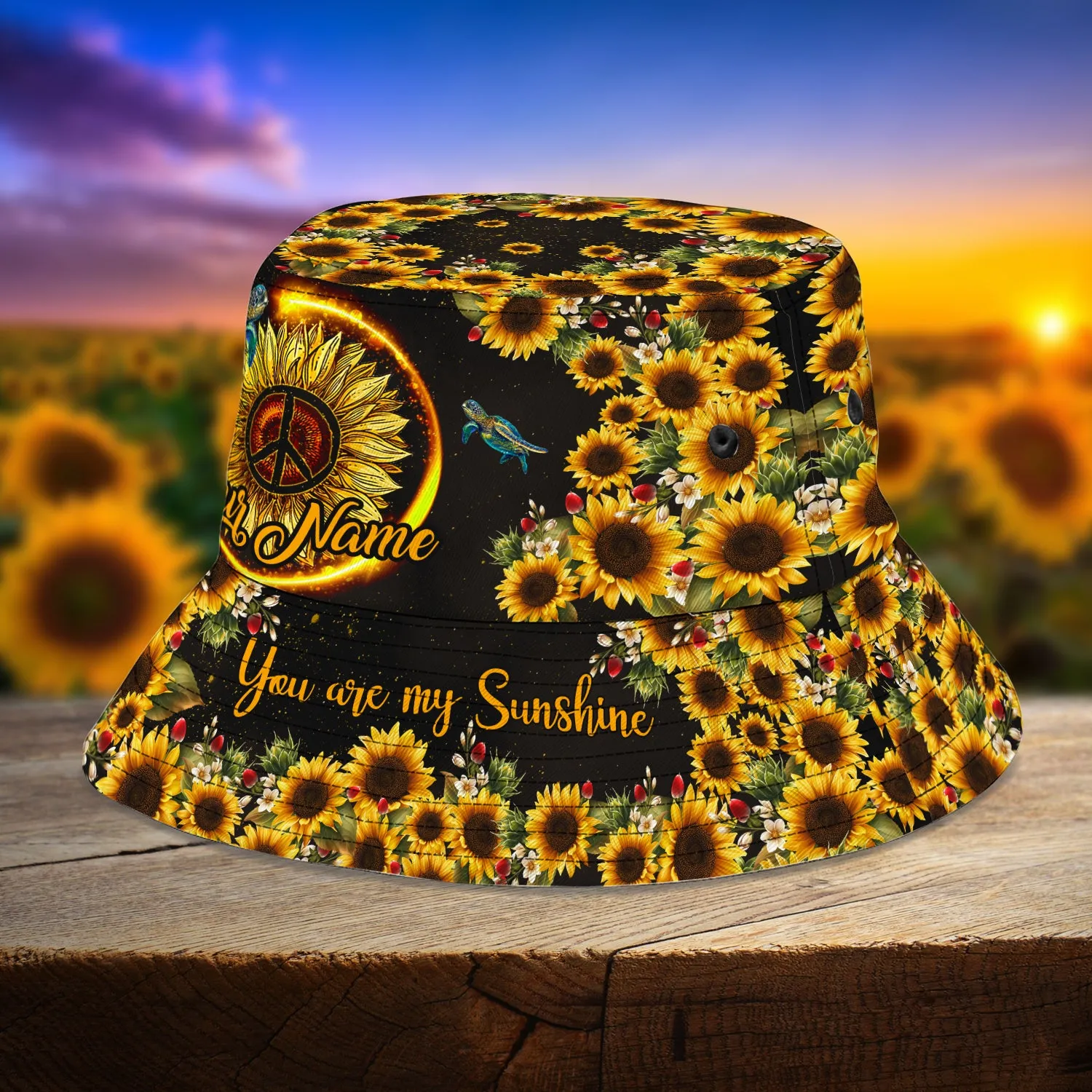 Custom Bucket Hat - Turtle Hippie - Sunflower