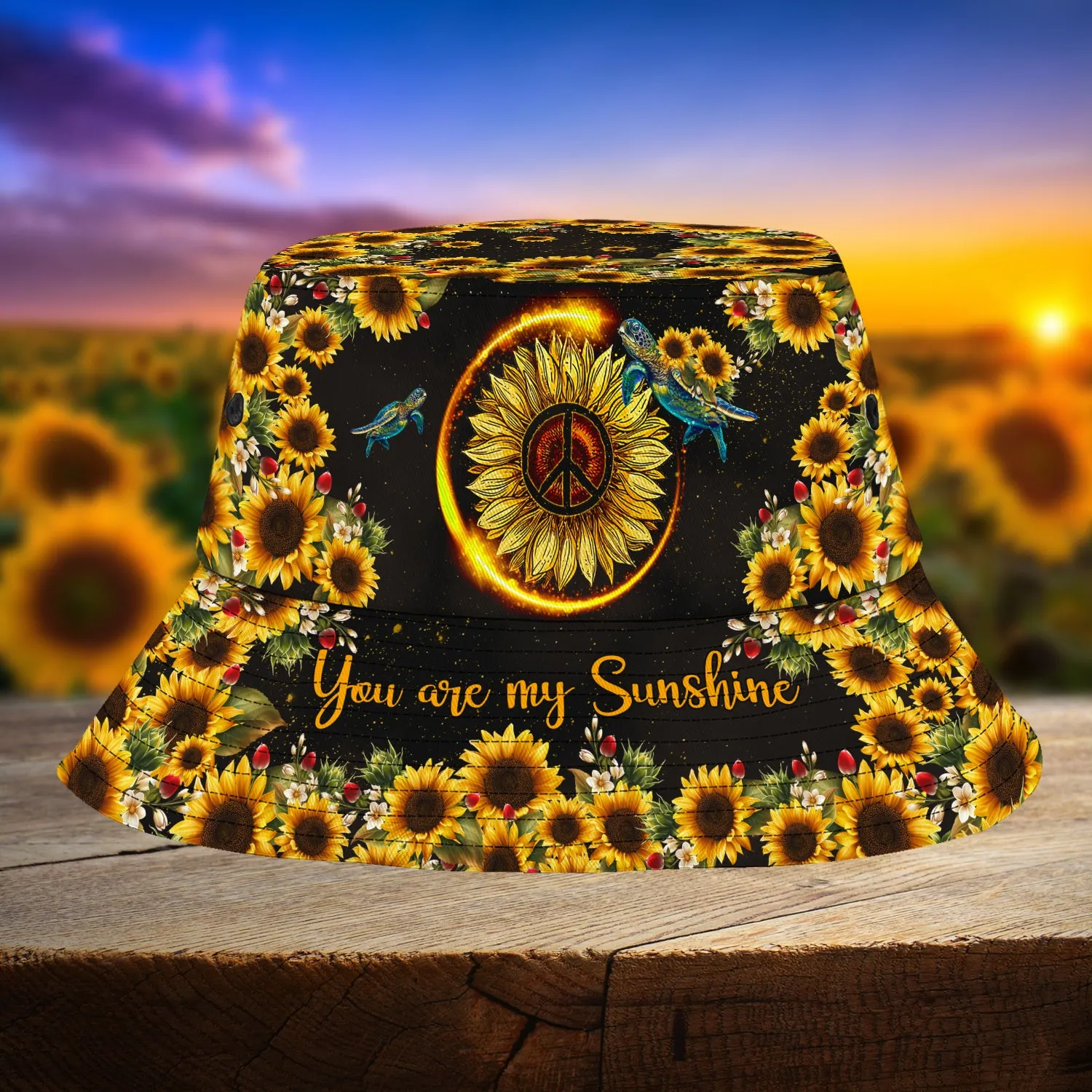 Custom Bucket Hat - Turtle Hippie - Sunflower