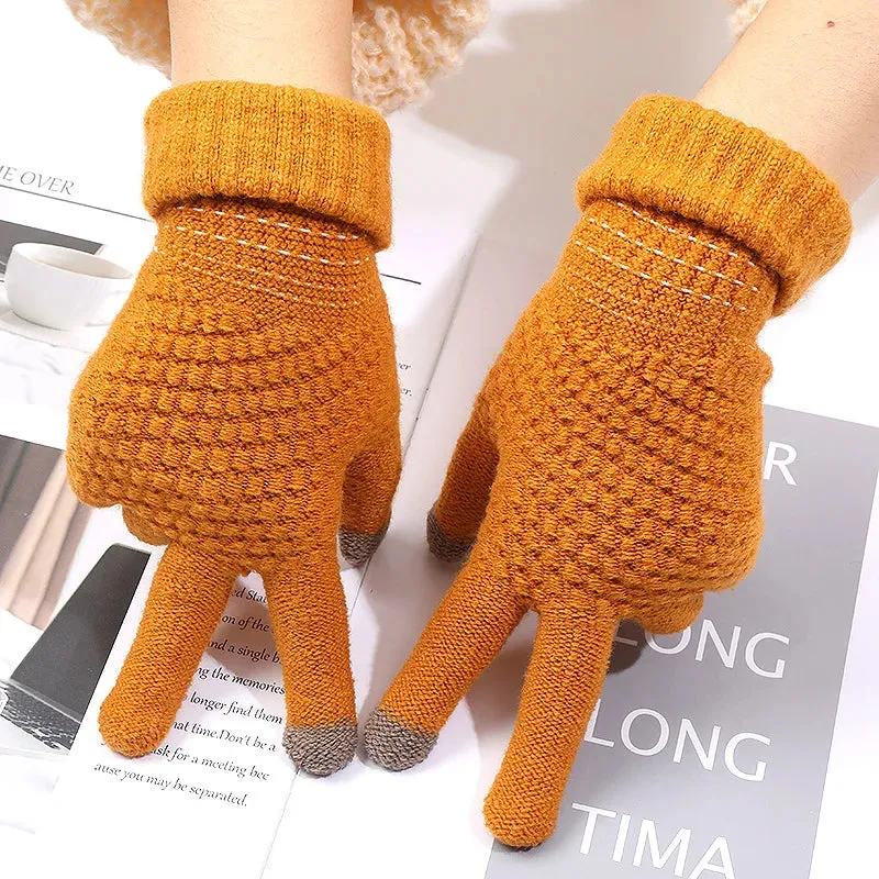 Cute Pineapple Pattern Knitted Gloves for Women - Winter Office Cycling Touch Screen Wool Warm Gloves