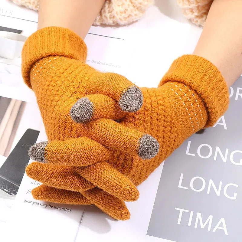 Cute Pineapple Pattern Knitted Gloves for Women - Winter Office Cycling Touch Screen Wool Warm Gloves