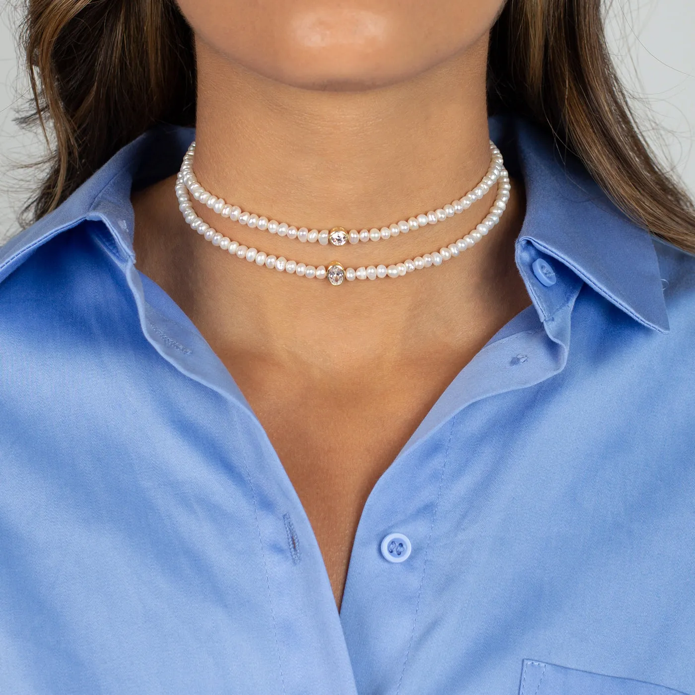 CZ Solitaire Bezel Pearl Choker
