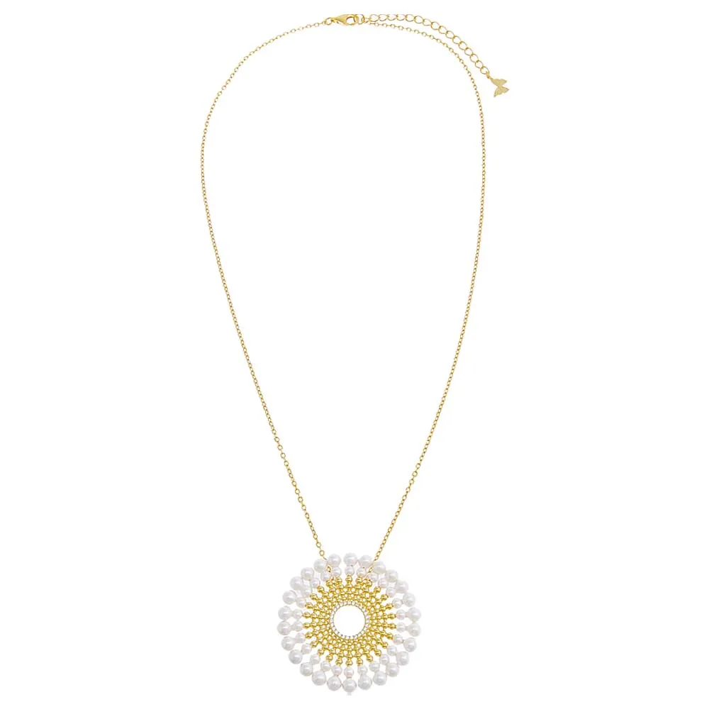 CZ X Pearl Oval Medallion Necklace