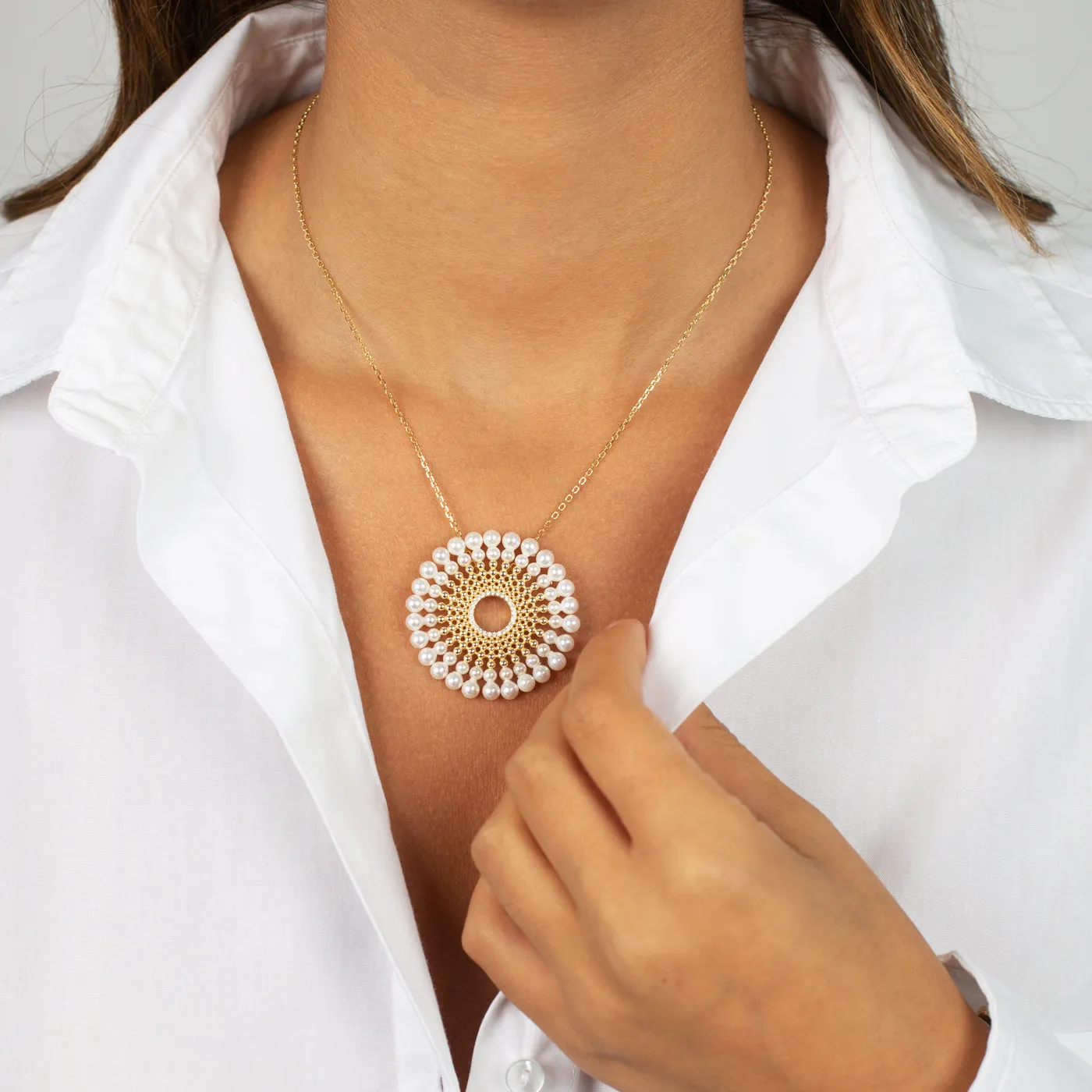 CZ X Pearl Oval Medallion Necklace